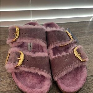 Birkenstock Mauve Shearling Sandals with Gold Buckles